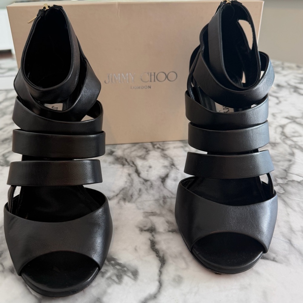 Jimmy Choo Black Multi-Strap Leather High Heel Sandals